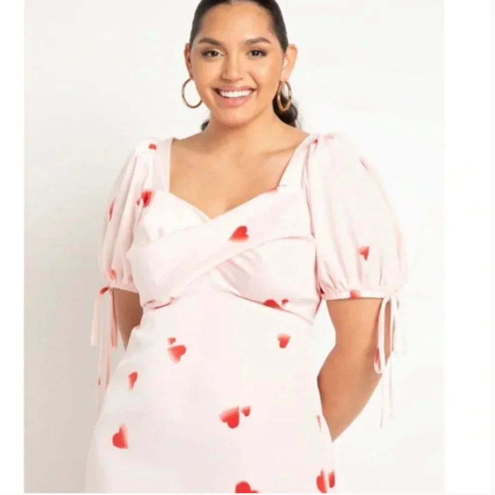 Eloquii Puff Sleeve Satin Dress Pink Heart Print Dress 18 - Picture 5 of 6
